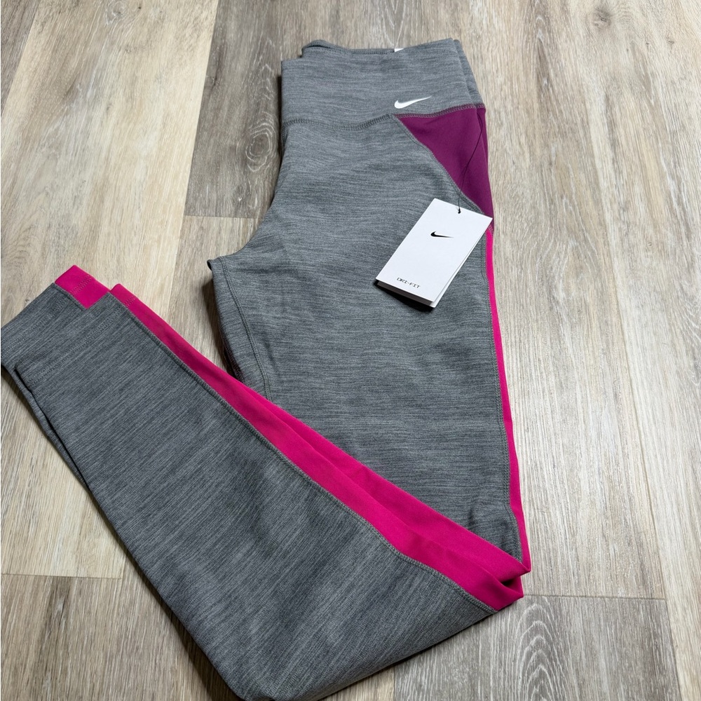 Nike Heather Gray Leggings with Magenta Side Panel